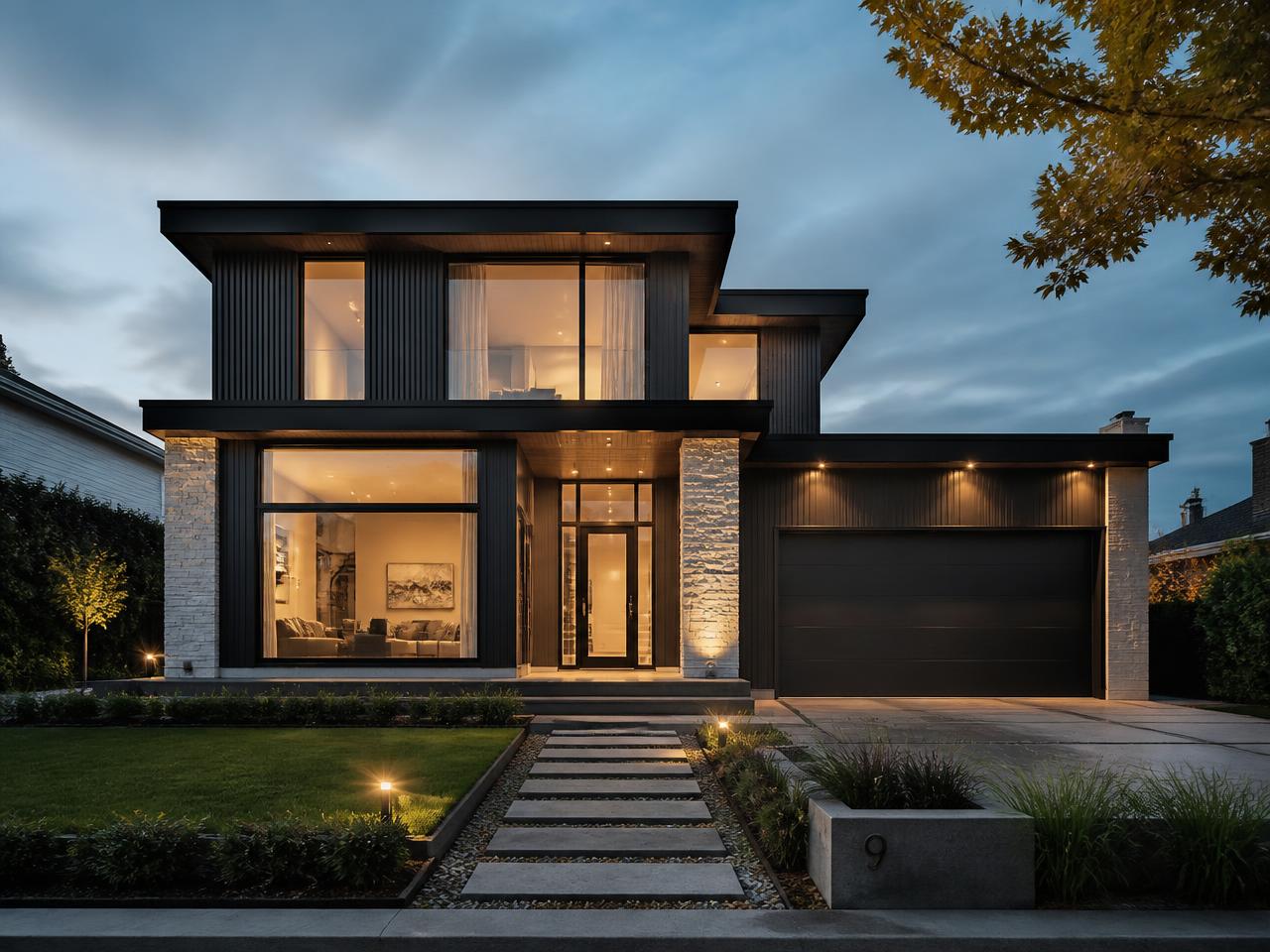 Modern home exterior at dusk